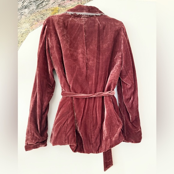 Raquel Allegra Rayon Silk Velvet Cranberry Smoking Jacket 2 - Picture 4 of 4